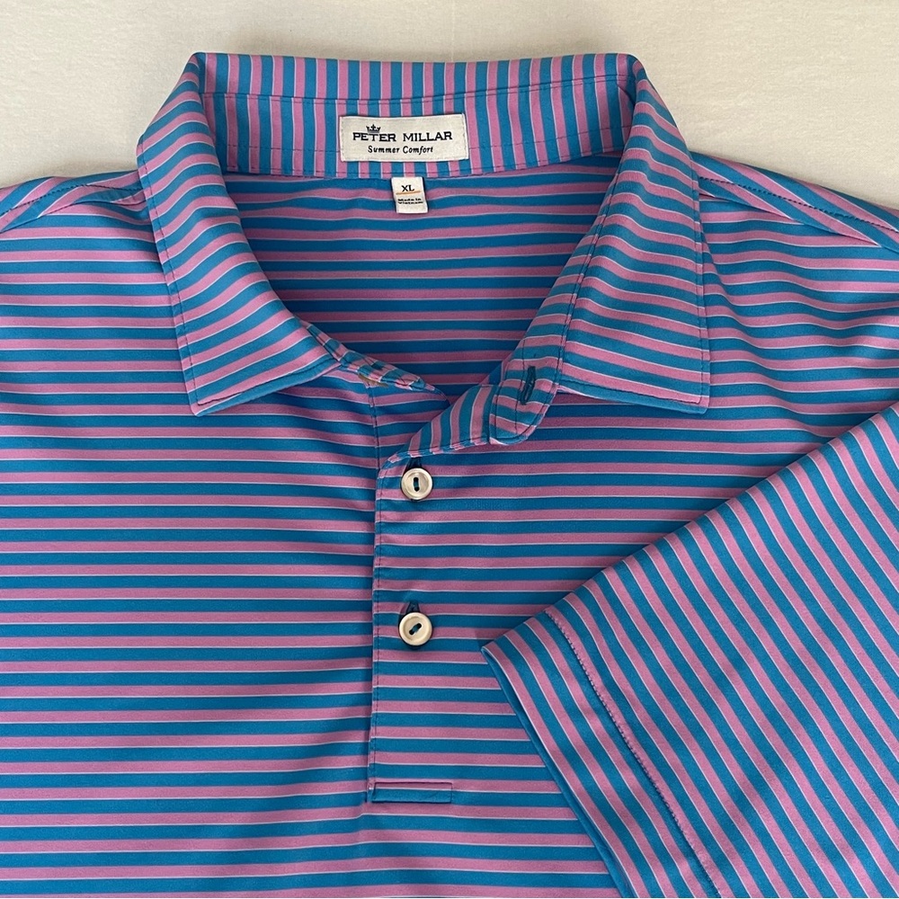 Peter Millar Summer Comfort Men Blue/Pink Stripes Polo Golf Active Shirt Size XL